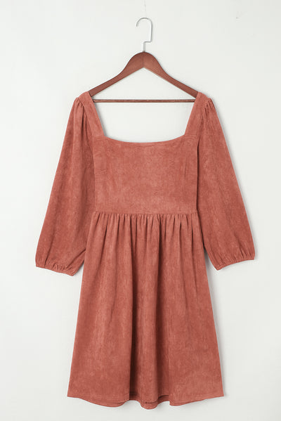 Brown Suede Square Neck Puff Sleeve Dress-Dresses-MomFashion