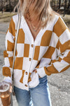 Brown Contrast Checkered Print Button Up Sweater Cardigan-Tops-MomFashion