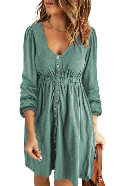 Green Button Up High Waist Long Sleeve Dress-Dresses-MomFashion