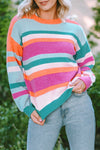 Multicolor Striped Knit Drop Shoulder Puff Sleeve Sweater-Tops-MomFashion