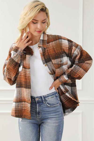 Brown Plaid Flap Pockets Shacket-Outerwear-MomFashion