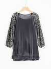 Medium Grey Leopard Splicing Lantern Sleeve Velvet Blouse-Tops-MomFashion