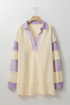 Yellow Colorblock Striped Split Neck Collared Sweatshirt-Tops-MomFashion