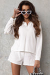 White Ribbed Zipper Sweatshirt and High Waist Shorts Set-Loungewear-MomFashion