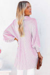 Pink Smocked Cuffed Striped Boyfriend Shirt with Pocket-Tops-MomFashion