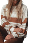 White Striped Knit Puff Sleeve Casual Sweater-Tops-MomFashion