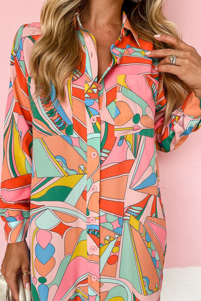 Multicolor Geometric Abstract Print Long Sleeve Shirt Dress-Dresses-MomFashion