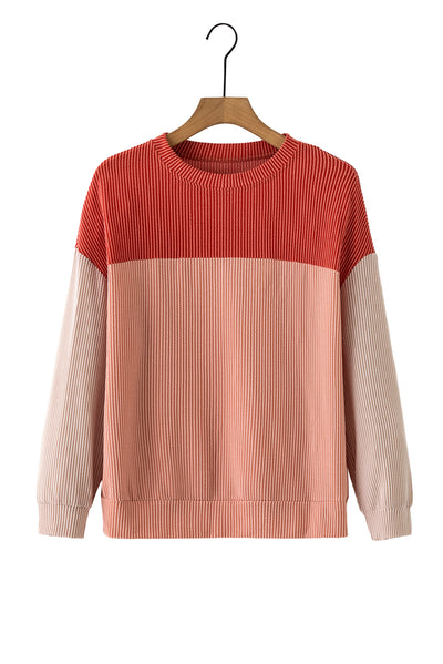 Fiery Red Color Block Long Sleeve Ribbed Loose Top-Tops-MomFashion