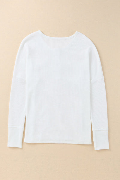 White Waffle Knit Henley Top-Tops-MomFashion