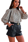 Khaki Frilled Neck 3/4 Sleeves Cheetah Blouse-Tops-MomFashion