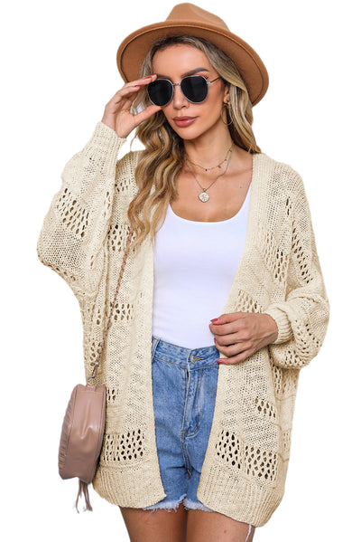 Apricot Casual Hollowed Knit Dolman Sleeve Cardigan-Tops-MomFashion