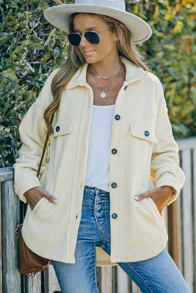 Beige Turn Down Collar Buttoned Shirt Jacket-Outerwear-MomFashion