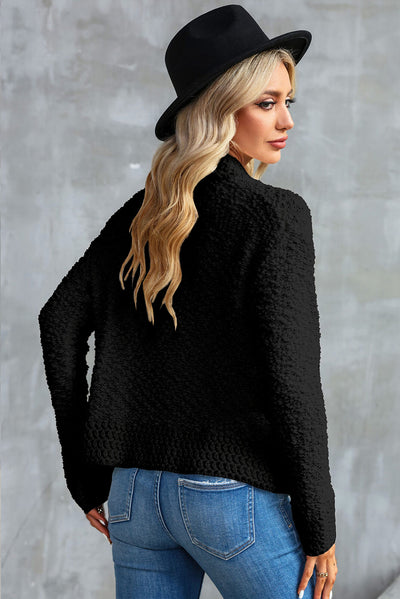 Black Popcorn Knit Open Front Cardigan-Tops-MomFashion