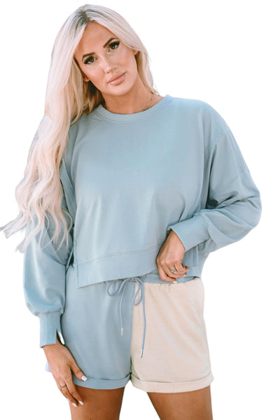 Sky Blue Split Hem Sweatshirt Color Block Shorts Set-Loungewear-MomFashion