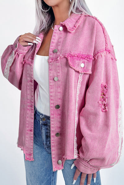 Pink Lace Patchwork Distressed Buttoned Denim Jacket-Outerwear/Denim jackets-MomFashion