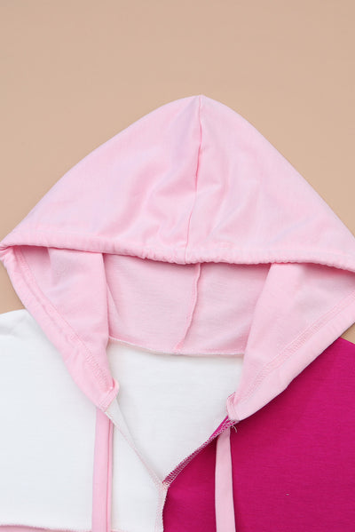 Pink Colorblock Exposed Seam Loose Sleeve Hoodie-Tops-MomFashion