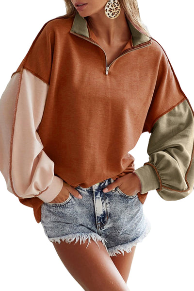 Khaki Exposed Seam Color Block Zipped Sweatshirt-Tops-MomFashion