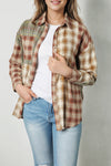 Brown Multi Plaid Patchwork Raw Edge Casual Shirt-Tops-MomFashion