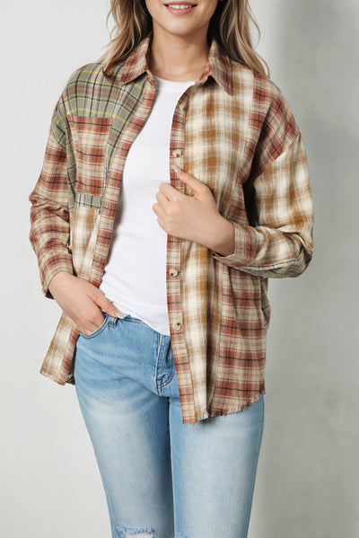 Brown Multi Plaid Patchwork Raw Edge Casual Shirt-Tops-MomFashion