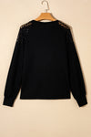 Black Lace Long Sleeve Textured Pullover-Tops-MomFashion