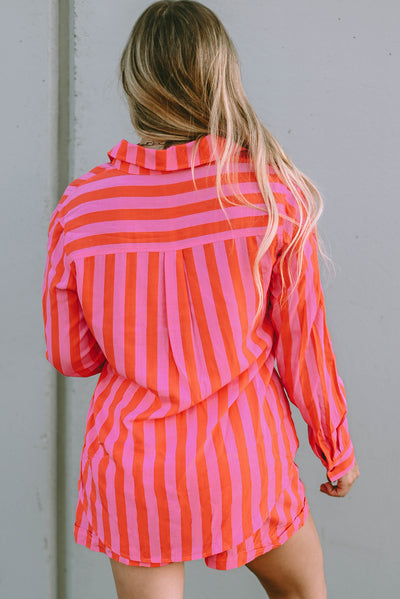 Orange Striped Print Collared Neck Shirt and Shorts Set-Loungewear-MomFashion