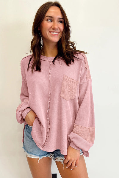 Pink Exposed Seam Patchwork Bubble Sleeve Waffle Knit Top-Tops-MomFashion