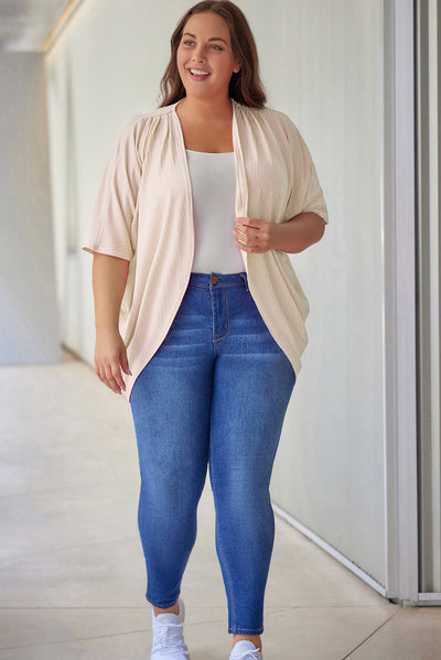 Apricot Shimmer Ribbed Texture Plus Size Cardigan-Plus Size-MomFashion