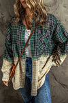 Blackish Green Contrast Plaid Patchwork Chest Pocket Button up Shacket-Outerwear-MomFashion