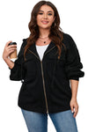 Black Plus Size Bishop Sleeve Zip Up Hooded Jacket-Plus Size-MomFashion