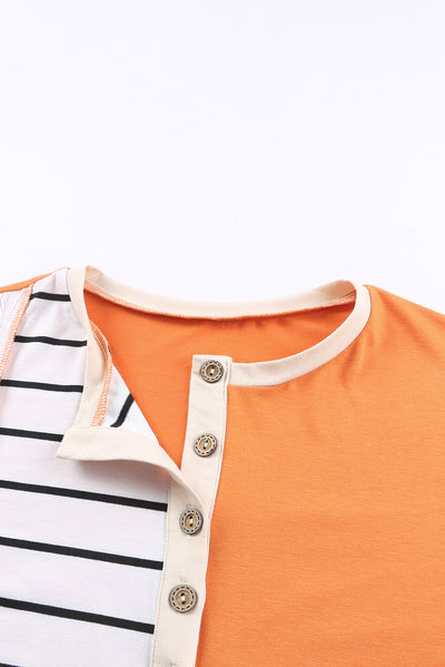 Orange Stripe Color Block Splicing Long Sleeve Henley Top-Tops-MomFashion