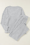 Light Grey Ribbed Knit V Neck Slouchy Two-piece Outfit-Loungewear-MomFashion