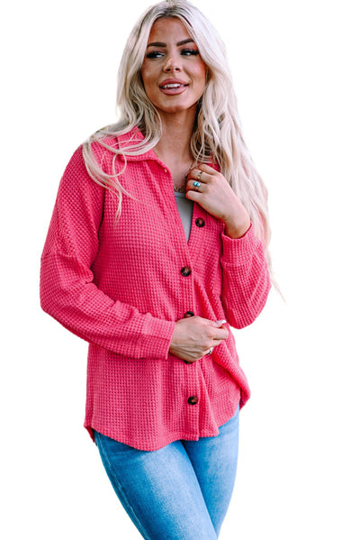 Pink Waffle Knit Button Up Casual Shirt-Tops-MomFashion