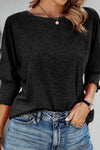 Black Smocked 3/4 Sleeve Casual Loose Top-Tops-MomFashion