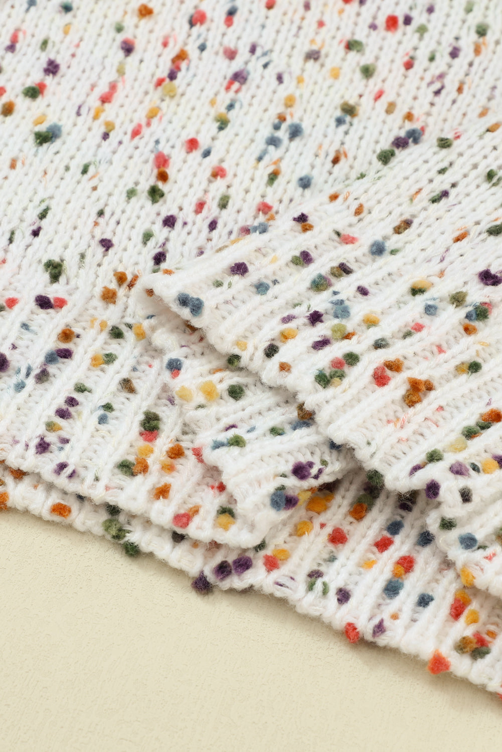 Beige Colorful Dots Cable Knit Crew Neck Sweater-Tops-MomFashion