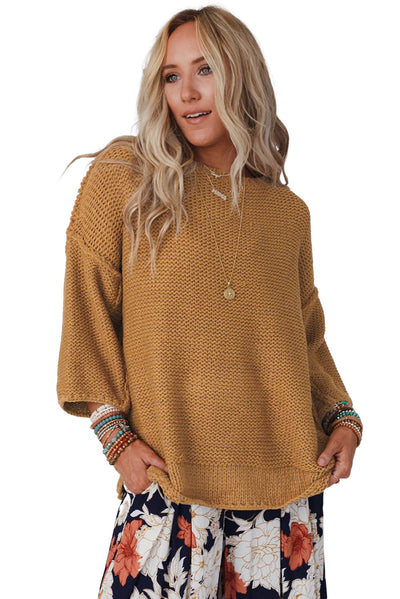 Brown Slouchy Textured Knit Loose Sweater-Tops-MomFashion