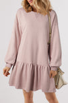 Dusty Pink Solid Color Puff Sleeve Ruffle Hem Mini Dress-Dresses-MomFashion