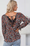 Fiery Red V Cut Lace Patch Tie-up Ruffled Puff Sleeve Floral Blouse-Tops-MomFashion