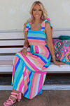 Multicolor Color Block Striped Bow Knot Straps Maxi Dress-Dresses-MomFashion