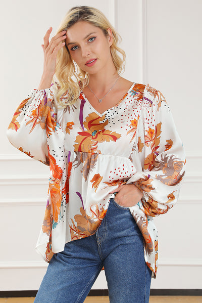 Multicolour Floral Print V Neck Babydoll Blouse-Tops-MomFashion