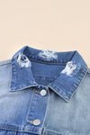 Sky Blue Color Block Denim Patchwork Frayed Hem Jacket-Outerwear-MomFashion