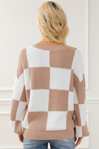 Checkered Ribbed Knit Puff Sleeve Sweater-Tops-MomFashion