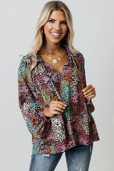 Multicolor Vibrant Floral Tie V Neck Puff Sleeve Blouse-Tops-MomFashion