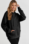 Black Quilted Kangaroo Pocket Drawstring Hoodie-Tops-MomFashion