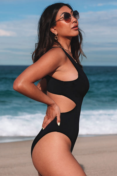 Black Slimmer Cutout One Piece Swimsuit-Swimwear-MomFashion