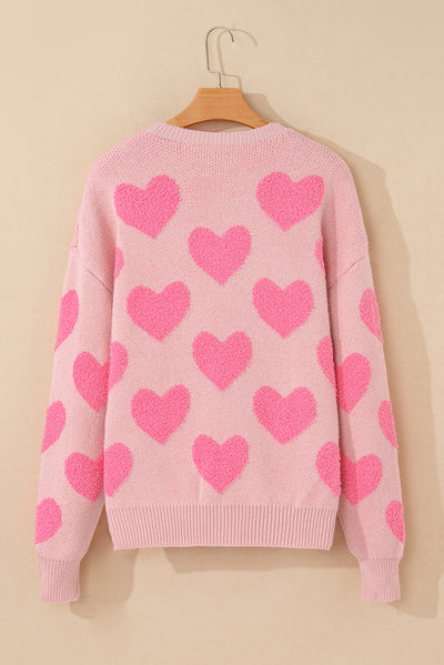 Light Pink Valentine’s Day Heart Jacquard Knit Sweater-Tops-MomFashion