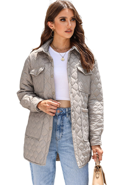 Beige 4 Big Pockets Quilted Button Down Puffer Coat-Outerwear-MomFashion