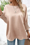 Smoke Gray Shirred Dolman Sleeve Satin Blouse-Tops-MomFashion