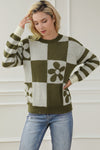 Green Checkered Floral Print Striped Sleeve Sweater-Tops-MomFashion