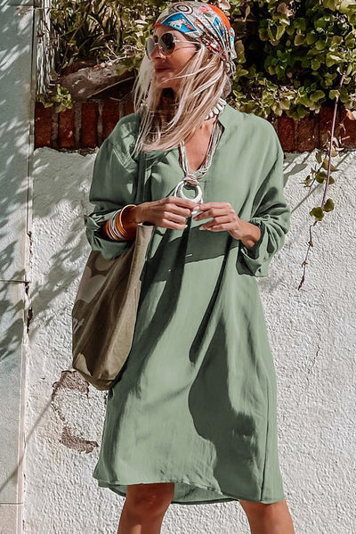 Green Roll-tab Sleeve Flowy Casual Dress-Dresses-MomFashion