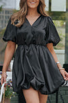 Black Princess Bubble Sleeve Satin Mini Dress-Dresses-MomFashion